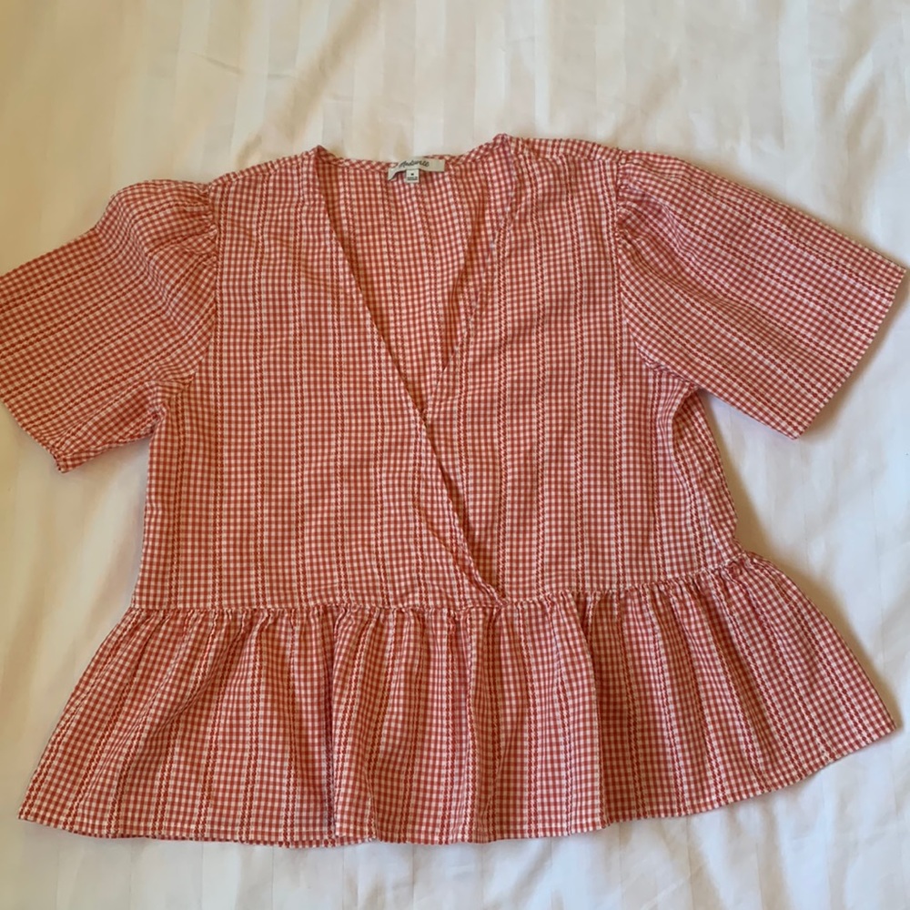 Madewell peplum orange/white mini check cotton boxy wrap front top EUC